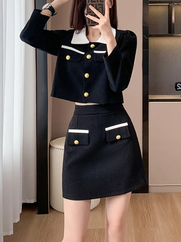 Spring Autumn Women Sweet Tweed Skirt Suits Turn-down Collar Long Sleeve Short Jacket And High Waist Mini Skirt Two Piece Set