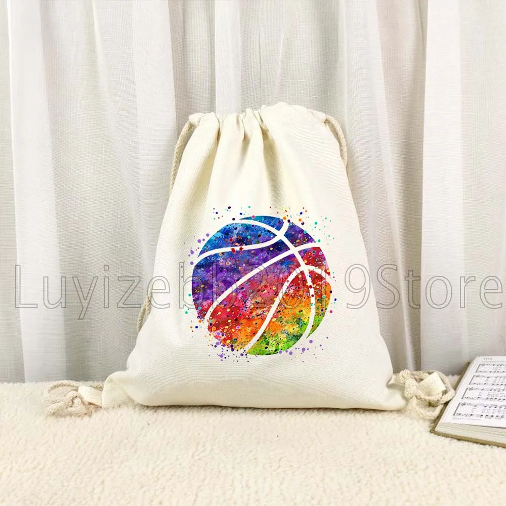 Basketball Ball Watercolor Sports Perfect Gifts Canvas Drawstring Backpack Bags Sports Gym Sackpack String Bag for Yoga Hiking