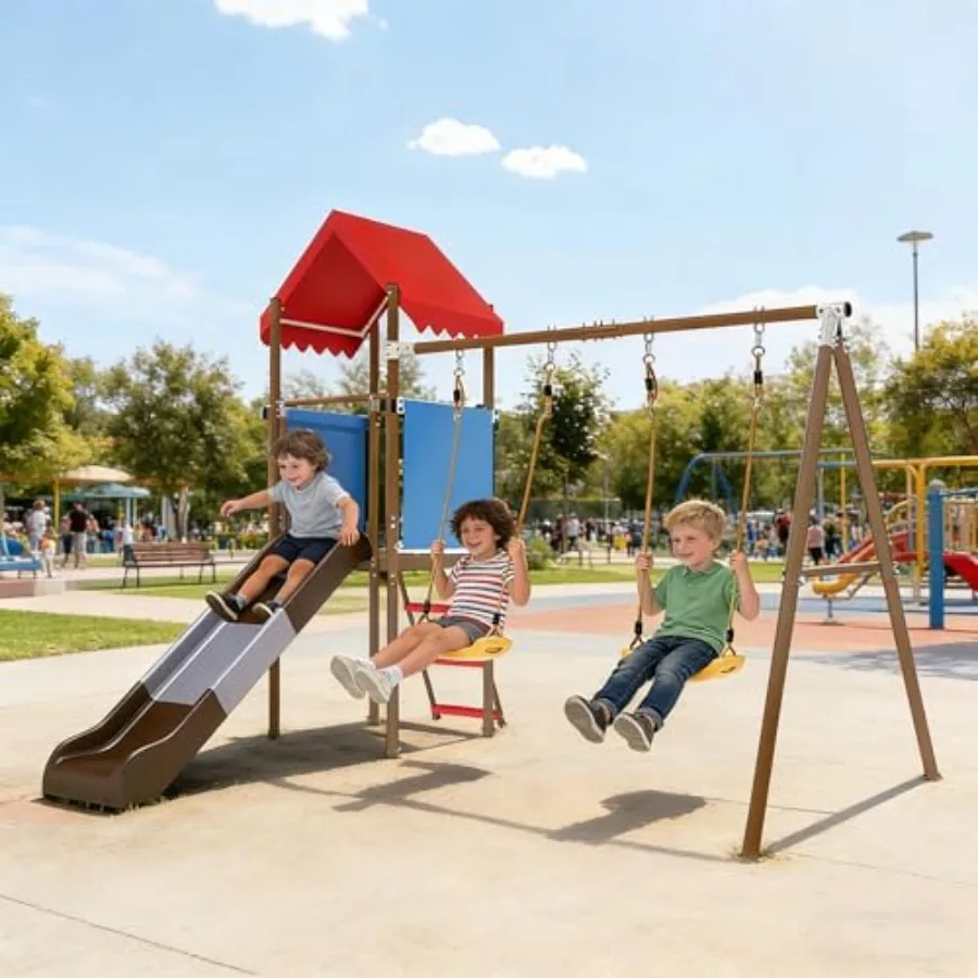 

Beach Swing Set with Slide for Backyard - All-in-One Outdoor Playset with 2 Belt Swings Rock Climbing Wall Ladder Shaded Fort a
