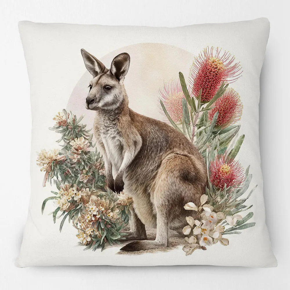 Australian Kangaroo Wallaby Animals Painting Cushion Covers Bottlebrush Flowers Pillow Case