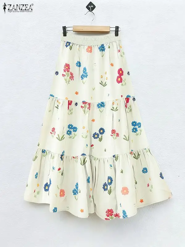 

ZANZEA Floral Print Women Midi Skirts 2025 Autumn Elastic Waist A-Line Tiered Skirt Elegant Casual Woman Bottoms S-3XL Dropship