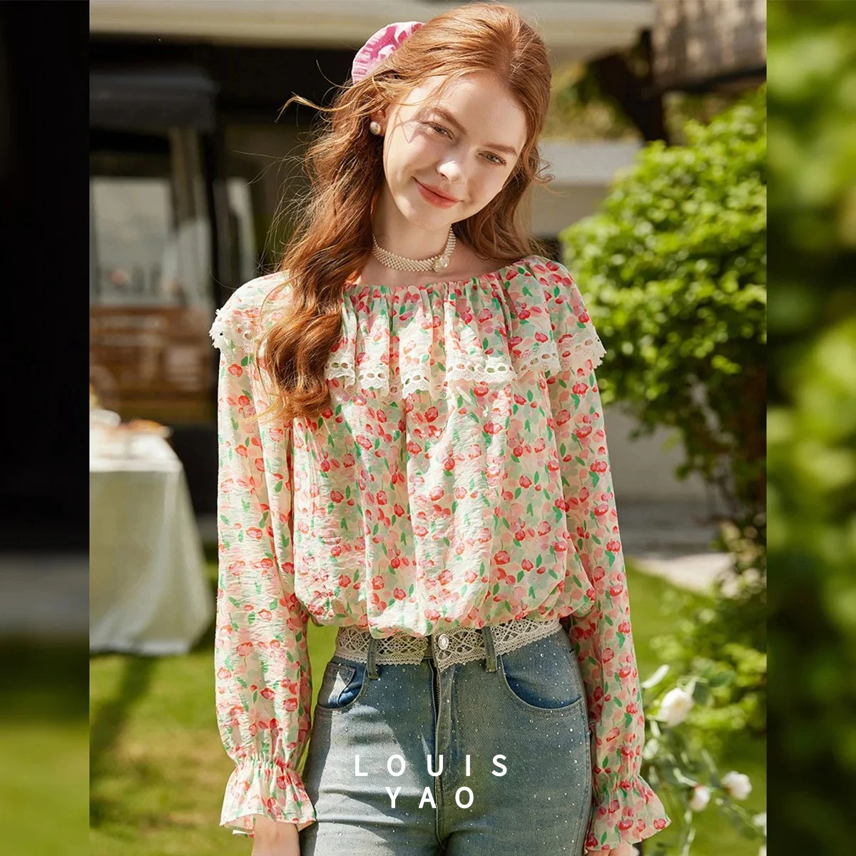 

LOUISYAO Slash Neck Floral Women's Blouses 2025 Autumn Gentle Drop Sleeves Printed Shirts Long Sleeve Women Tops