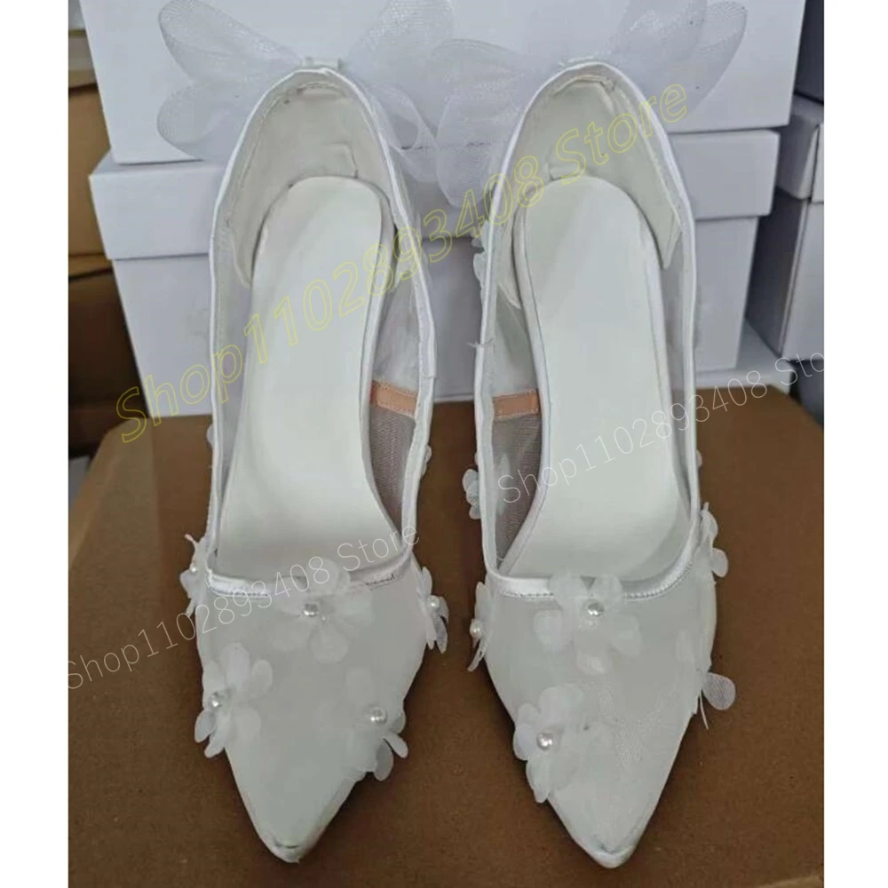 

White Mesh Flower Hollow Pumps Pointed Toe Shallow Breathable Stiletto High Heel Fashion Women Shoes 2024 Zapatos Para Mujere