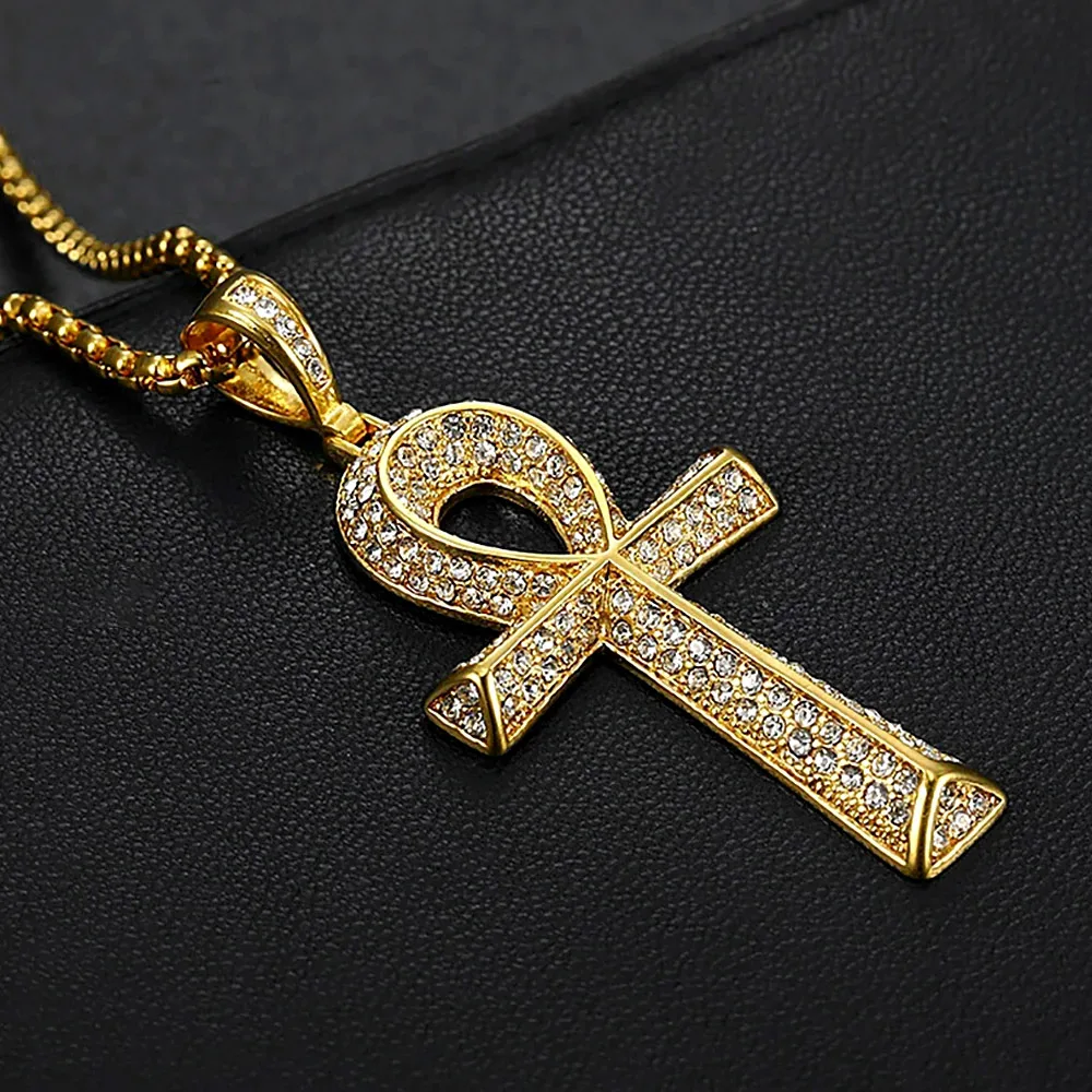 Ägyptischer Ankh Lebensschlüssel-Kreuzanhänger, zweifarbig plattiert, Hip-Hop-Bling-Anhänger für Herren und Damen, religiöses Accessoire, Schmuckgeschenk – Detail 3
