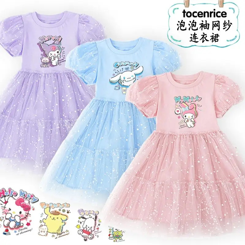 

Hello Kittys Kids Summer Short Sleeve Dress Sanrios My Melody Kuromi Cinnamoroll Girls Sweet Party Princess Dresses Gauze Skirt