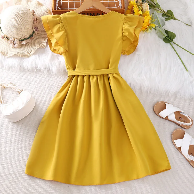 2023 Summer New Arrival Girls Sleeveless O Neck Embroidery Floral Yellow Roupa Infantil Menina Cute Party Dress Custume 8-10T