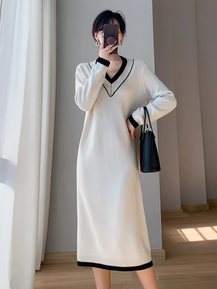 

Women Sweater Knit Dress Elegant Thicken Long Loose V-Neck Stripe Dresses Above Knee Bottoming Vintage Plus-Size Maternity Dress