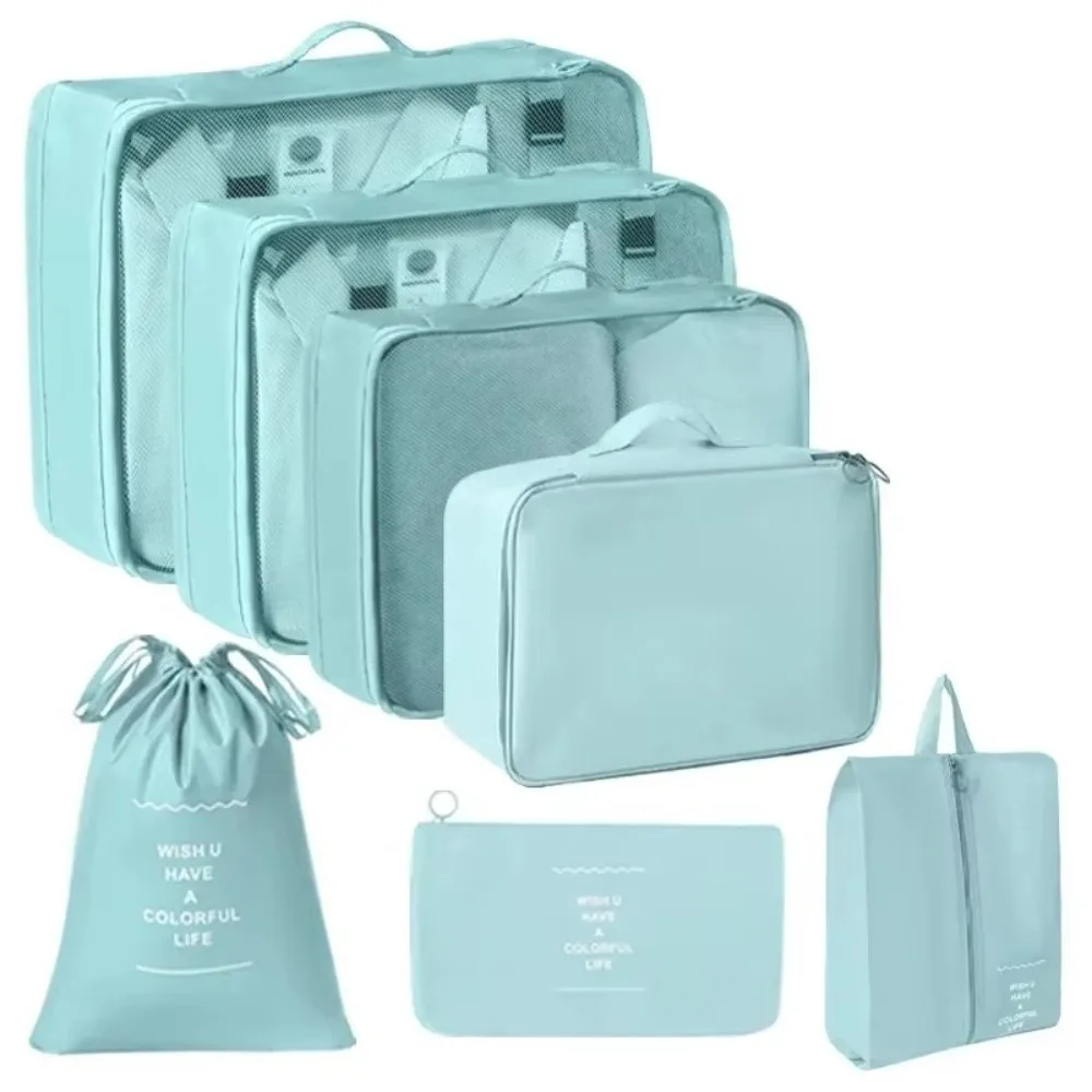 Nuevo Juego de 7 bolsas organizadoras de viaje, bolsas de almacenamiento de ropa interior de Color sólido, bolsa de cosméticos ligera e impermeable