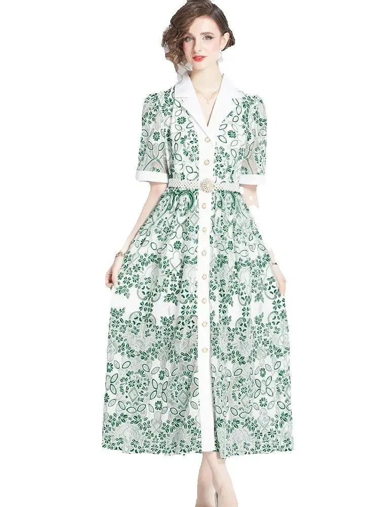 

Elegant Embroidered Lapel Short Sleeved Single Breasted Dress 2025 Summer New Fashionable Women'S Clothing