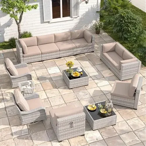 10-Seat Modern Patio Furniture Set with Swivel Rocking Chairs, Thick 4″ Cushions, Dual-Strand Wicker Rattan