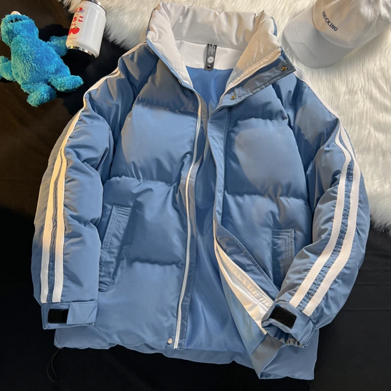 Men Stand Collar Puffer Jacket Two Striped Sleeve Cotton Padded Coat Loose Casual Zip Up Warm Winter Outerwear Windproof Male St