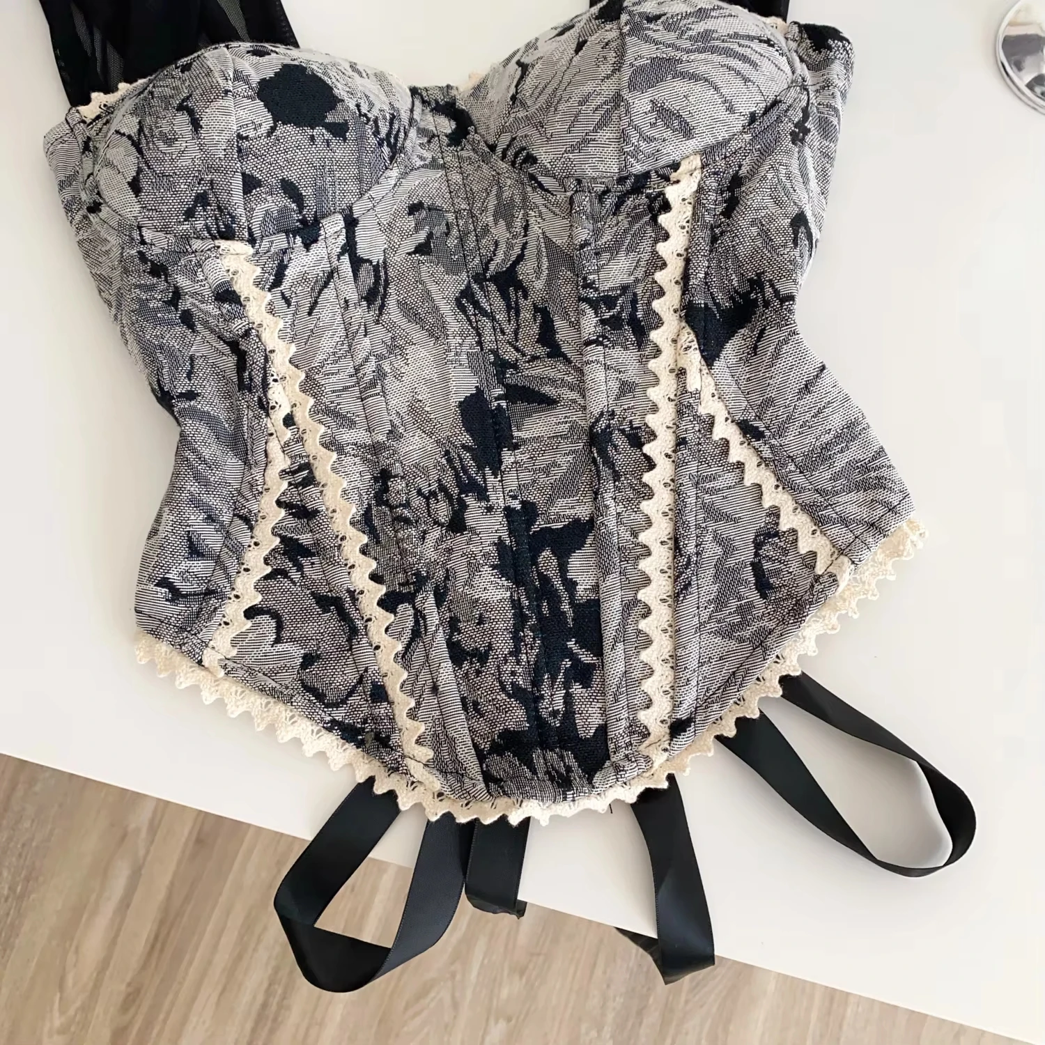 Damen Vintage Blumen-Korsett-Bustier-Top mit abnehmbaren Netzärmeln, Spitzenbesatz und Rückenband, Y2K Party Damen Crop Tops – Detail 19