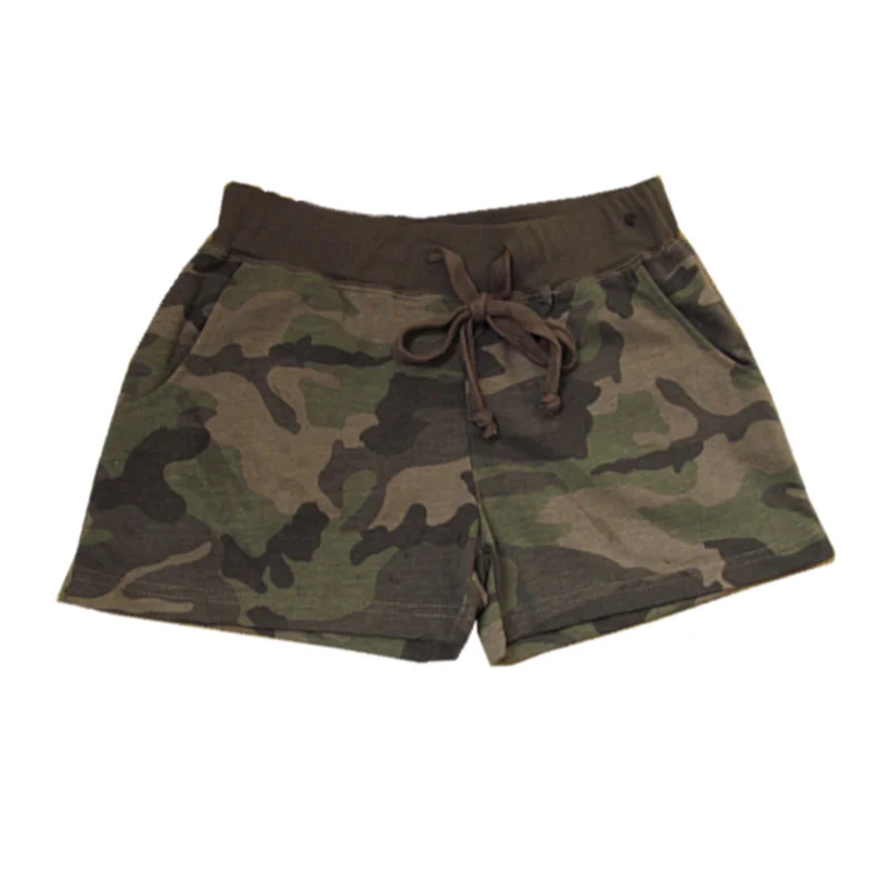 Camouflage Cotton Shorts for Women, Lace Up Elastic Waist, Sports Casual Sweatpants for Female, Summer