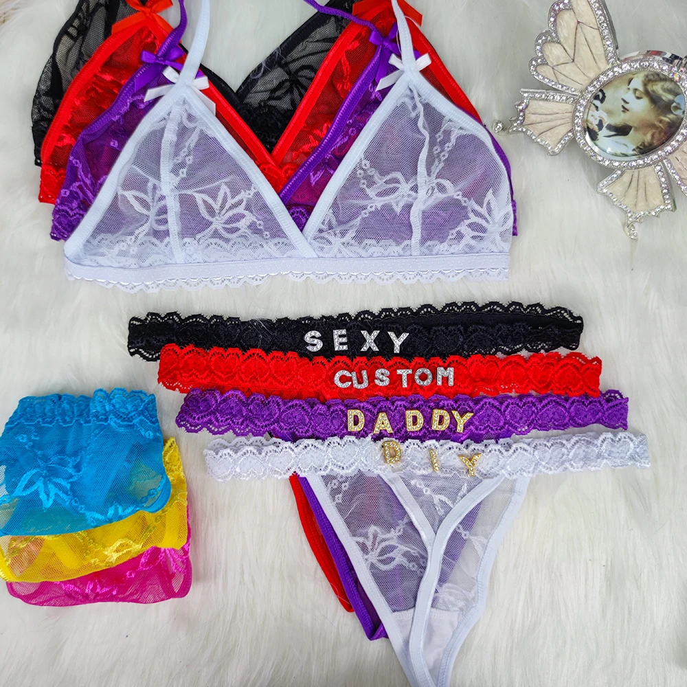 2PC/Set Custom Name Thongs And Bra Personalized Panties and Bra Set With Name DIY Letter Bikini Set Lace For Women Sexy Gift