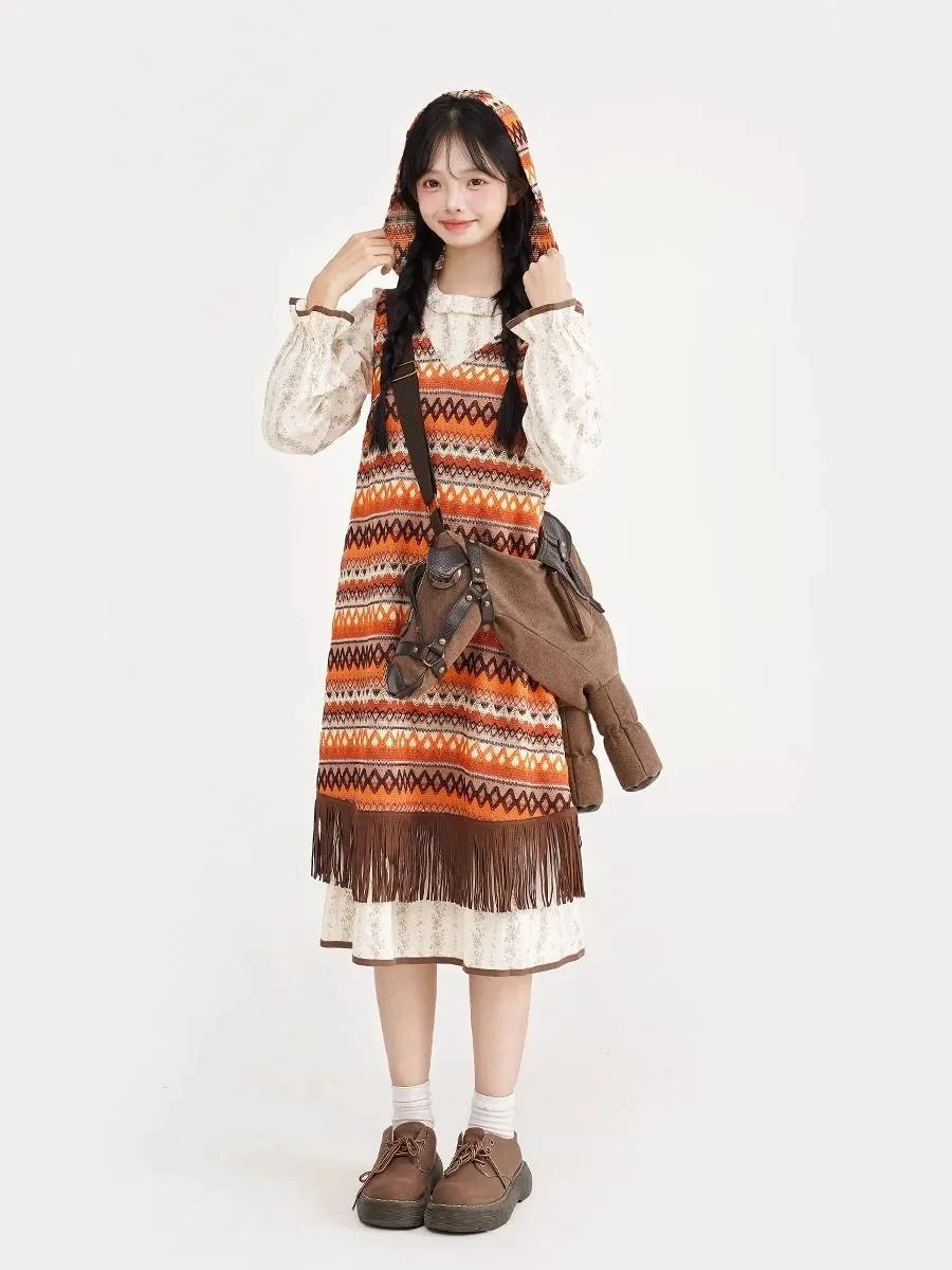 

Осеннее милое платье, комплект из 2 предметов, женский повседневный жаккардовый вязаный жилет с капюшоном, платье-рубашка, костюм, женский винтажный наряд в стиле бохо