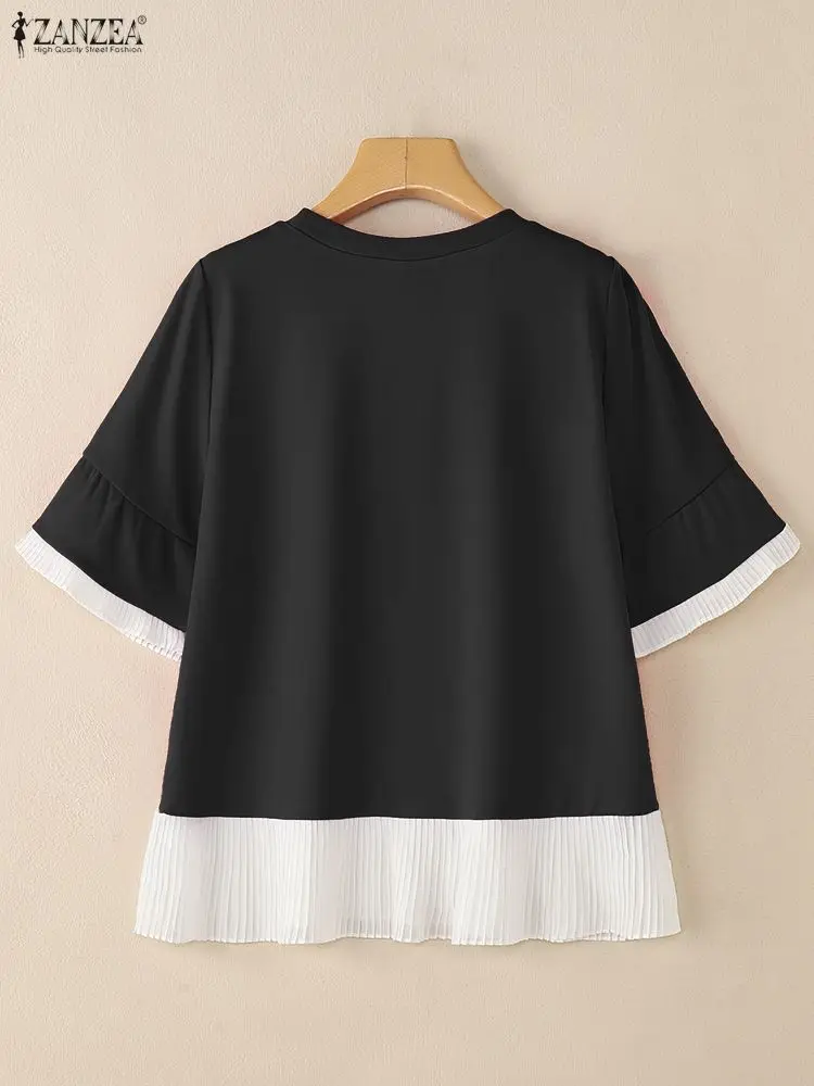 ZANZEA-camisetas de retazos con ribete plisado de Color contrastante para mujer, camisetas informales de manga corta con cuello redondo, camisetas negras en 3 colores, ropa de verano