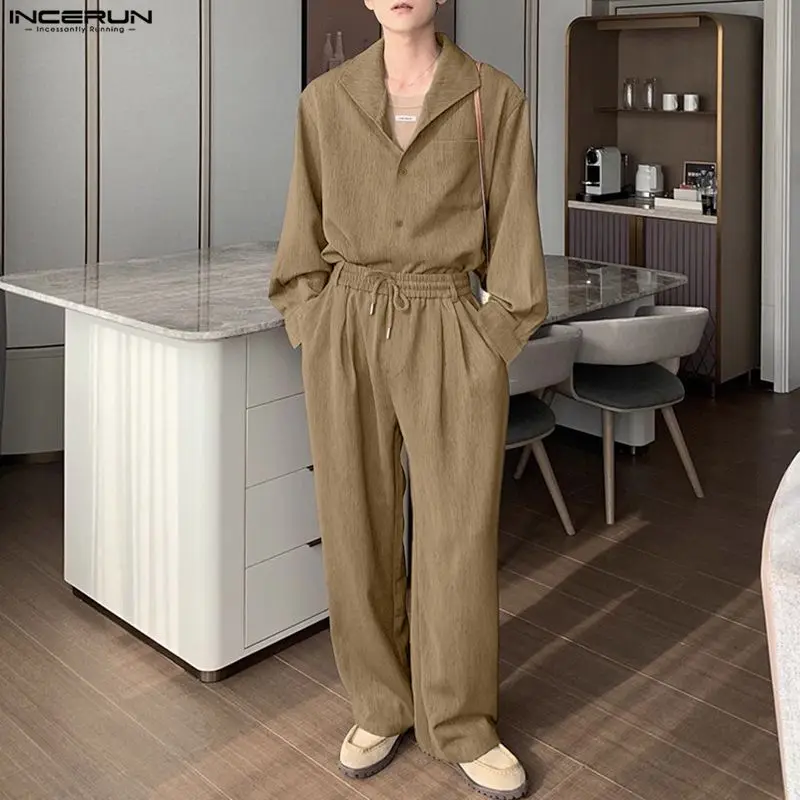 

INCERUN Men Sets Solid Color Lapel Long Sleeve Shirt & Pants Two Pieces Sets Streetwear Loose 2025 Korean Style Casual Men Suits