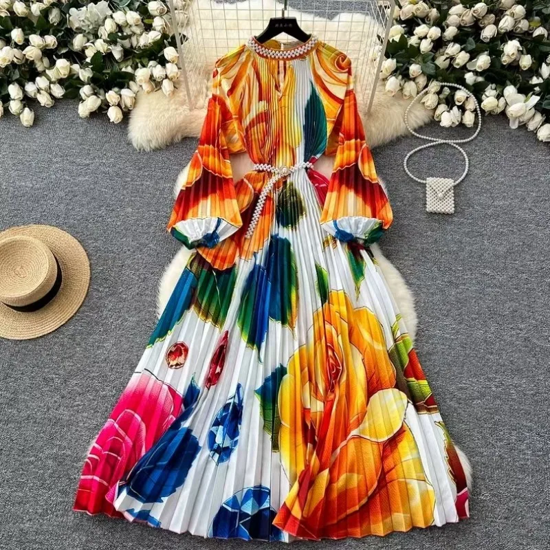

Luxury High-end Beaded Maxi Dress Women's Dresses Lantern Long-sleeved Pleated Dress Party Birthday Gown O-neck Design Clothing
