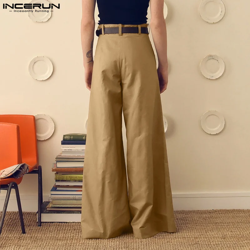 INCERUN Men Wide Leg Pants Solid Color Button Joggers Loose Pleated Casual Trousers Men Streetwear 2024 Fashion Long Pants S-5XL