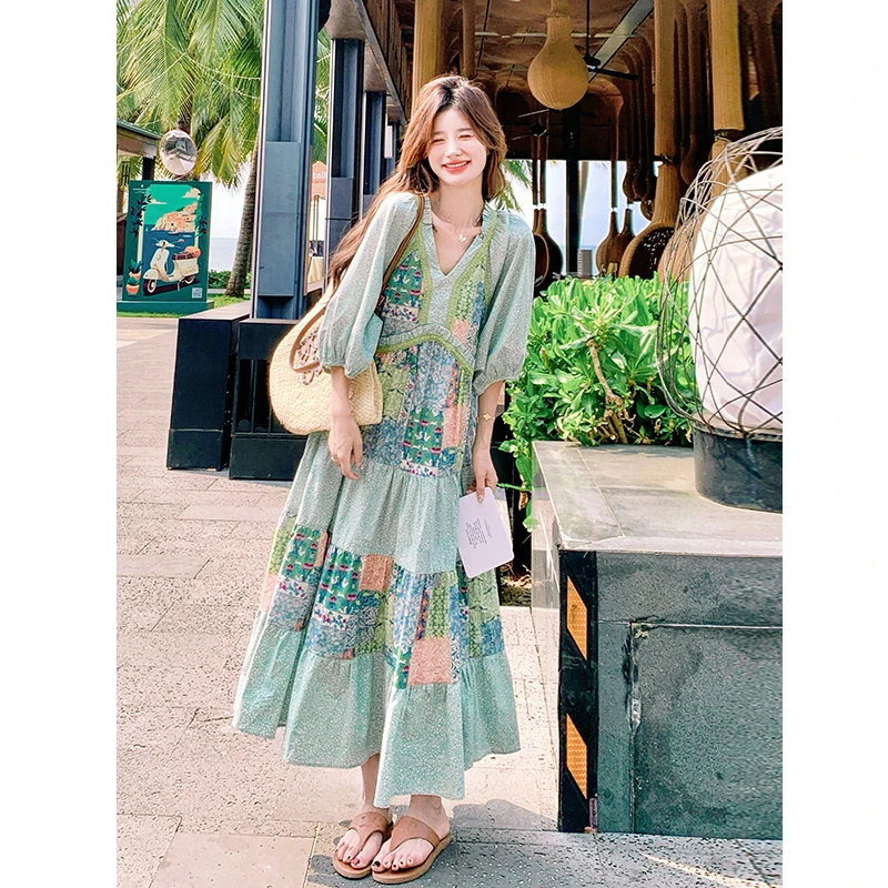 

Summer New Arrival Beach Style Women Casual A-line Print Patchwork Short Sleeve Dress Lantern Sleeve Ankle-length Dresses T138