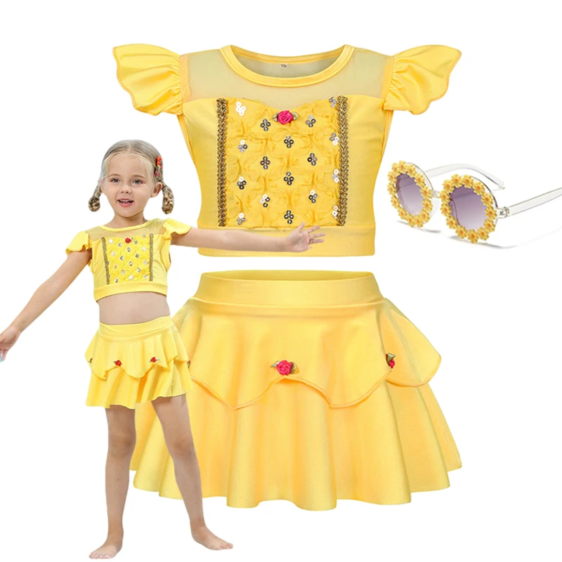 Girls Belle Princess Two Piece Swimsuit Set With Matching Sunglasses For Beach Pool And Summer Vacation