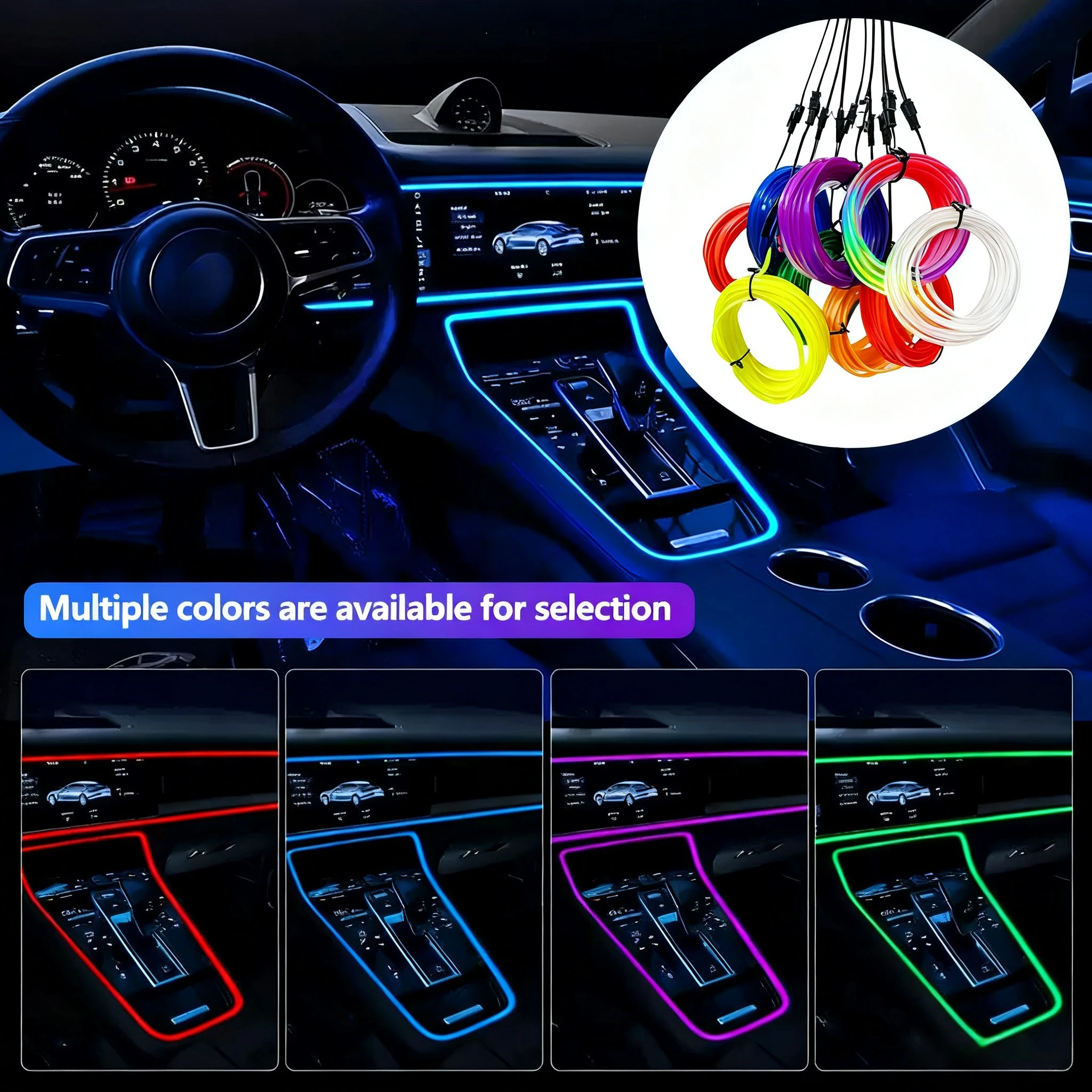 أضواء شريطية محيطة LED داخلية للسيارة (1 م/5 م) - محرك USB EL سلك إضاءة نيون مصباح مرن يمكنك صنعه بنفسك لجو الحفلات التلقائية #1