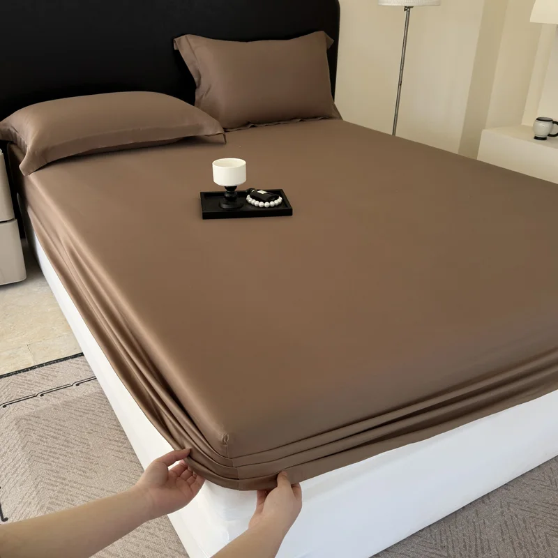 1pc Fitted Sheet Solid Dark Coffee Deep Pocket Mattress Cover 360 Around Band Silky Lyocell Cooling Bed Linens 137*191cm*1pc
