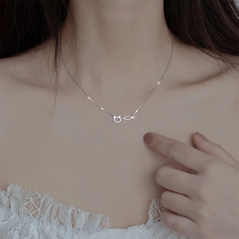 GANPUP Süße Katze Fisch Funkelnder Zirkonia Anhänger Halskette für Damen Mode Neuer Schmuck Halskette Geschenk Party Collares Колье – Detail 2