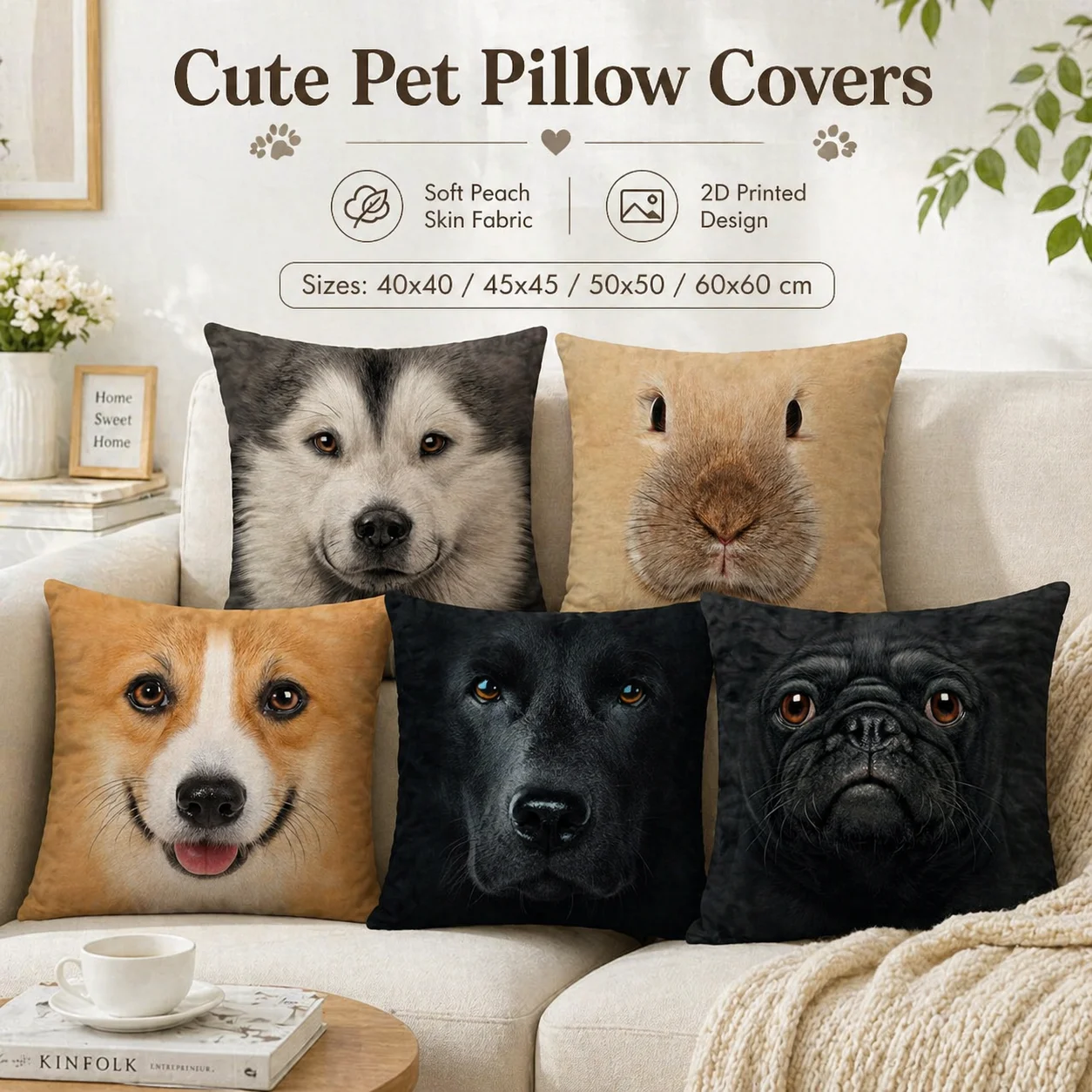 Capa de Almofada com Estampa 2D de Cães Fofos (Husky, Corgi, Pug) em Tecido Pele de Pêssego para Sofá, Decoração de Casa, Presente para Amantes de Pets 45x45