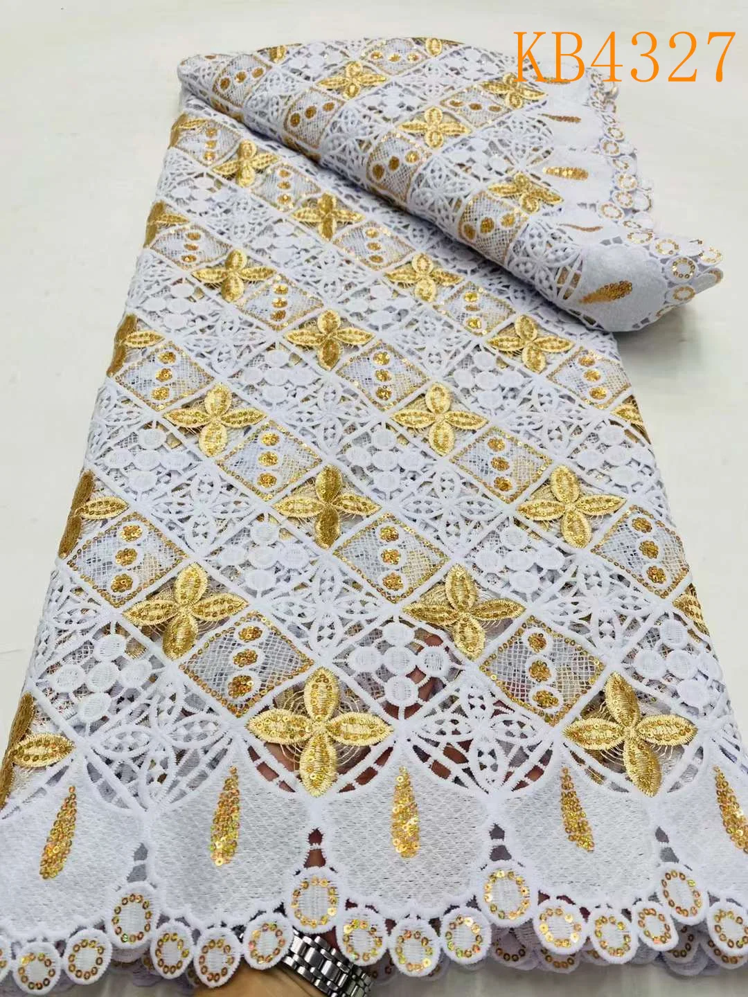 Nigeria Cord Lace with Sequin Embroidered Austria Cotton Novelty 2023 White and Gold Cotton Guipure Lace Fabric For Cloth KB3268