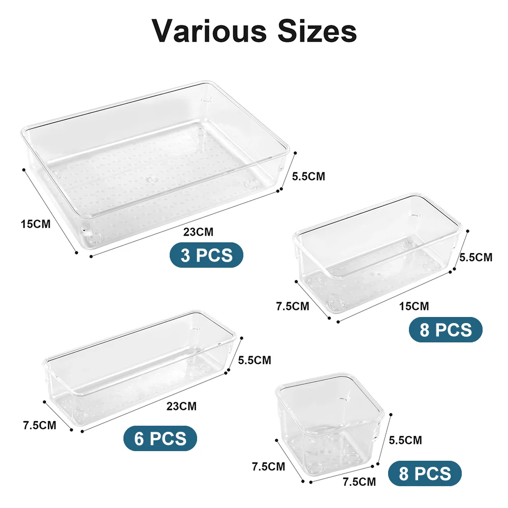 25 st Lade Organisatoren Set Doorzichtige Plastic Bureau Verdelers Bakken Slaapkamer Dressoir Kantoor Opbergdoos voor Make-up Sieraden Gadgets