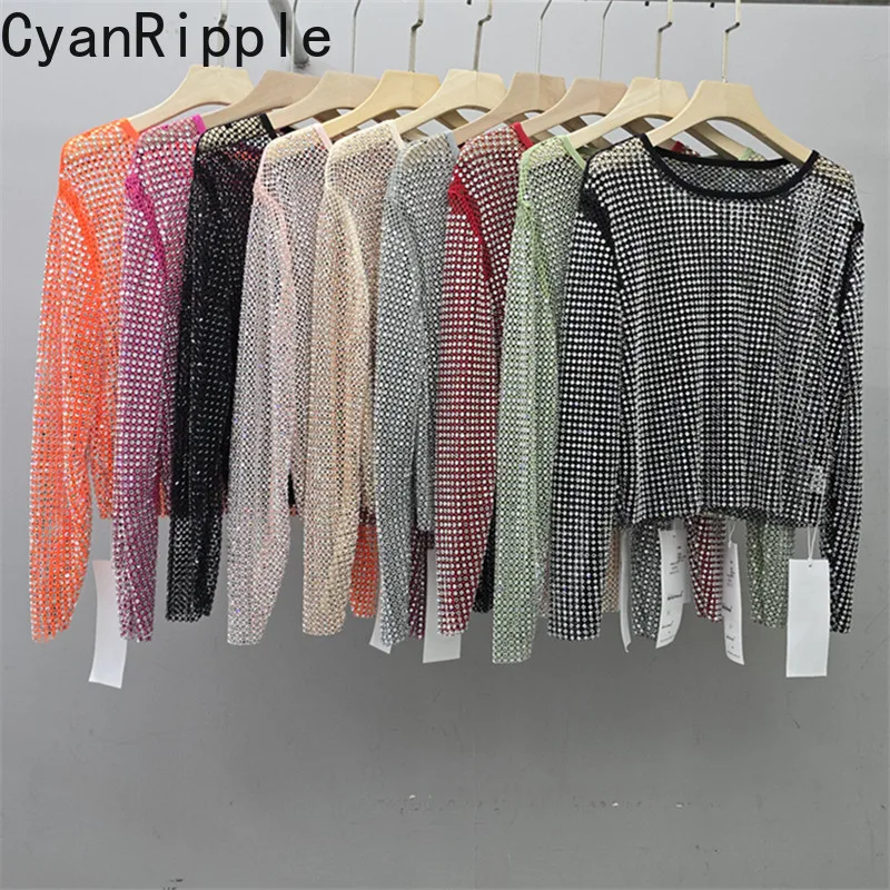 Blingbling Shiny Hot Diamonds Women Long Sleeve T-shirt Perspective Round Neck Hollow Out Covers Top Spring Summer Basic Tees