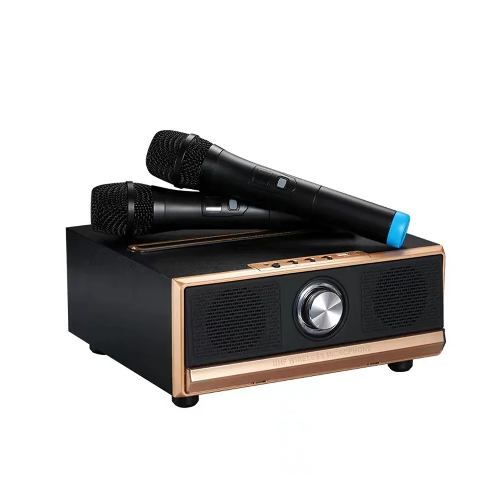 True U-Segment mini home theater Karaoke system record wooden wireless speaker with Dual Wireless UHF Microphone for smart home