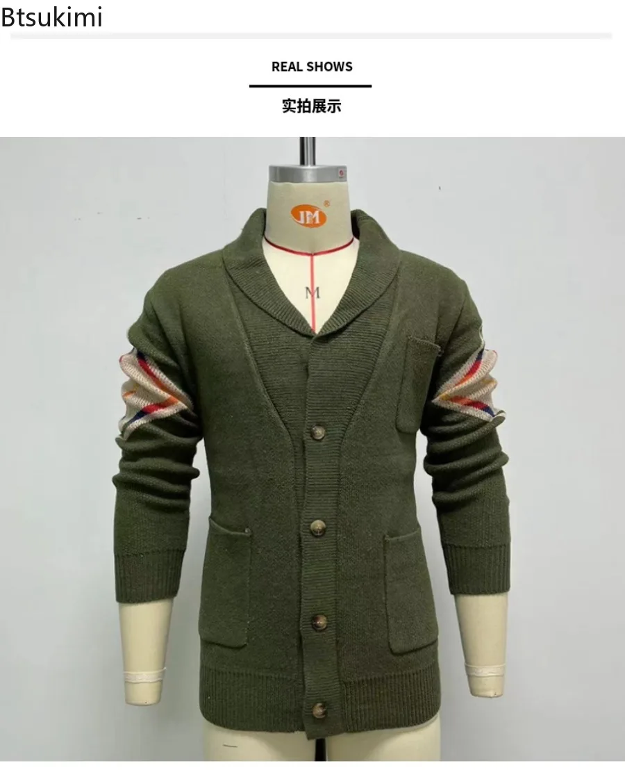 New 2024 Men's Sweaters Coat Turn-Down Collar Knitwear Winter Sweater Cardigan Print Pockets Casual Outwear Warm Jacket for Men