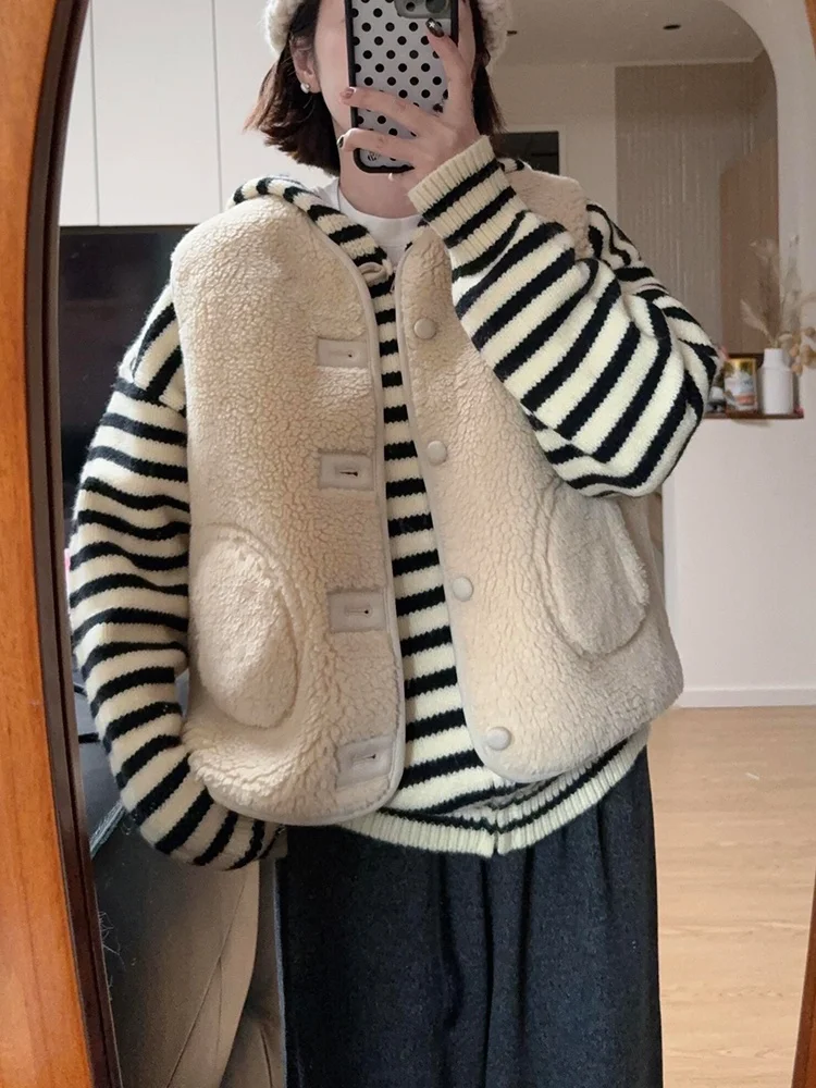 Chaleco redondo elegante de piel de cordero Ne para mujer, ropa de abrigo holgada de Svel para otoño e invierno, abrigo de capas a la moda, Simple y resistente