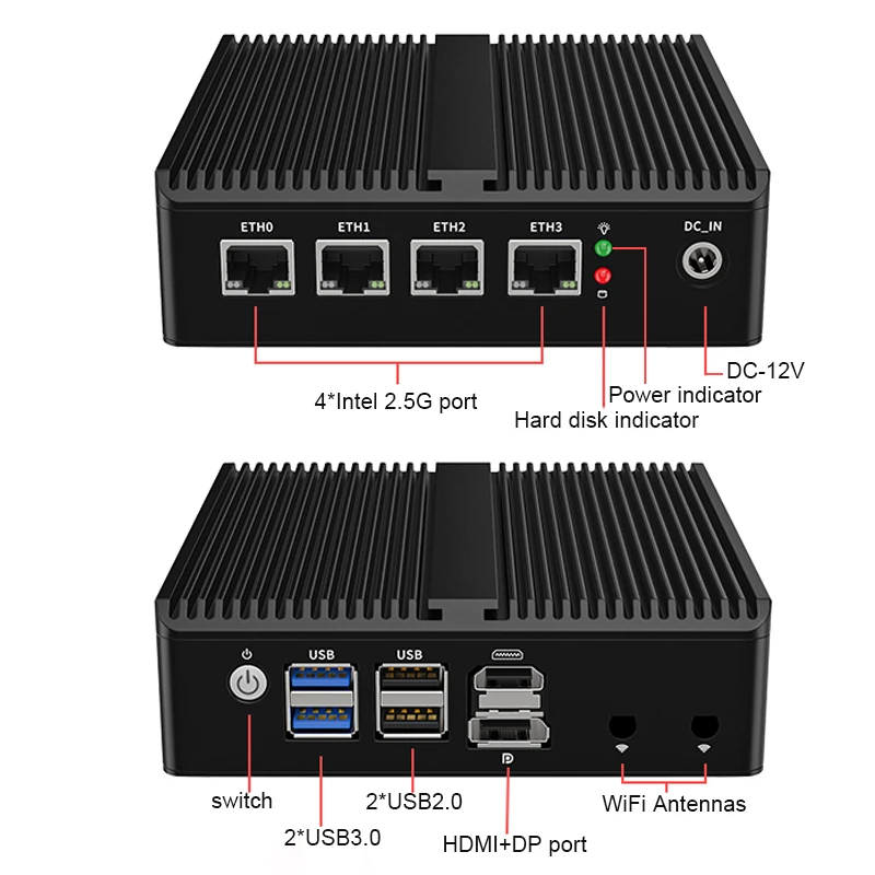 Mini PC CPU Fanless industrial, firewall, sistema operacional Pfsense, firewall, Intel N100, 4x2.5G, i226-V LAN, NVMe, DDR5, HD2.0, 12ª geração