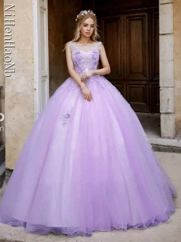 فساتين Quinceanera ذات رقبة دائرية بلون بنفسجي فاتح ، حلوة لحفلات 16 سنة ، فستان حفلة موسيقية عتيق بطول الأرض ، صيف