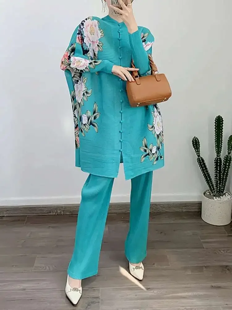 Miyake 2025 Summer New Single Breasted Top Casual Straight Wide Leg Pants Female Fashion Printed Pleated Two Piece Women's