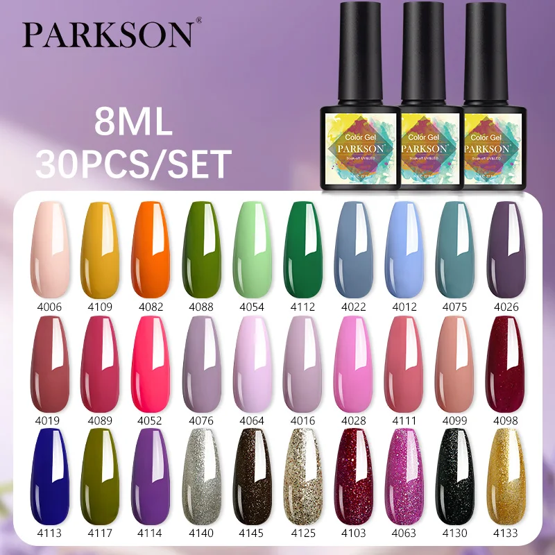 

Parkson 8ml 30pcs Purple & Green Semi-Permanent Gel Varnish Set Black Color Glitter Soak Off UV Nail Polish For DIY Manicure Art