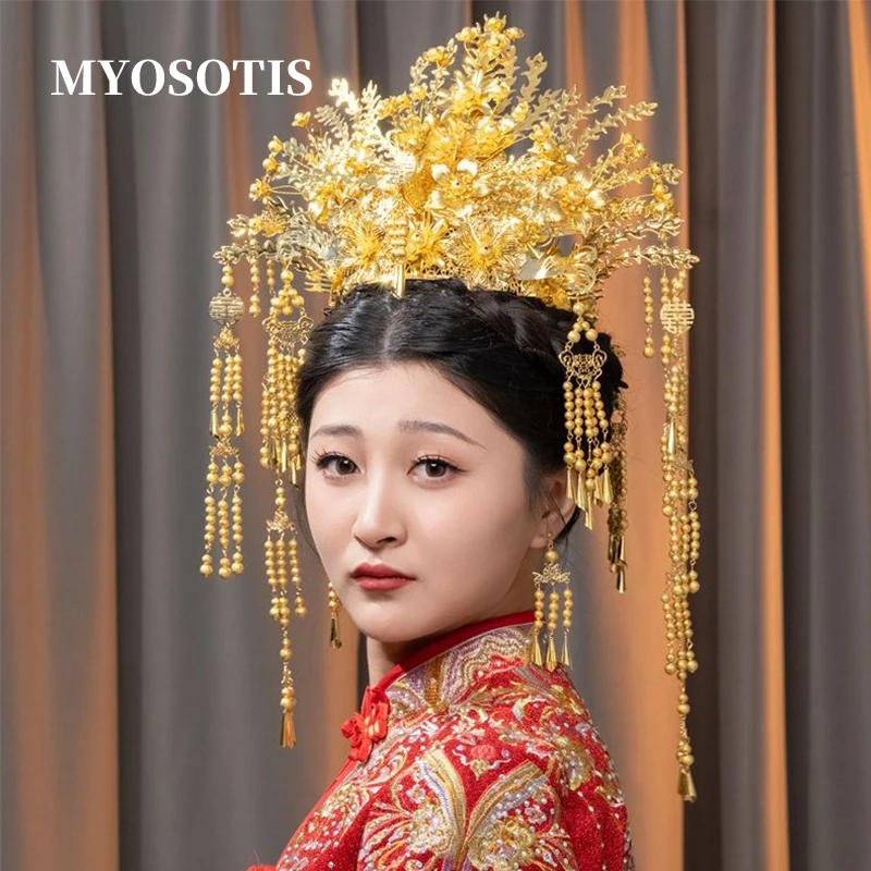 New Chinese Bridal Ancient Costume Xiuhe Clothing Hair Crown Phoenix Headdress Golden Tassel Head Accessories