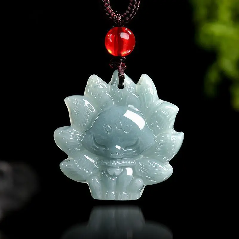 Natural A-grade Blue Water Fox Nine-Tailed Fox Pendant with Glutinous Jadeite Jewelry For Women's Gifts Drop Shipping