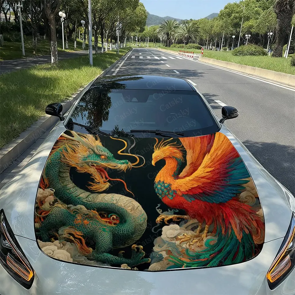 Prosperity Brought By The Dragon And Phoenix Car Hood Decal Sticker, Durable Car Vinyl Wraps Suitable For Most Vehicles, Car Eng