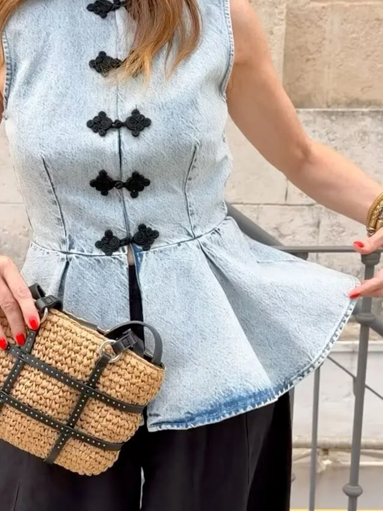HH Women Summer Elegant Slim Denim Vest Mandarin Collar Frog Buttons Sleeveless Peplum For Holiday Vacation Dinner Party Wear