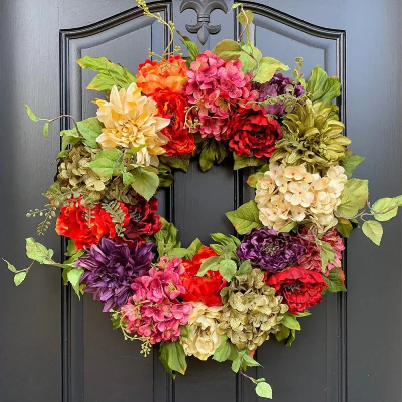 Artificial Wreath Colorful Hydrangea Wreath Front Door Decoration Wall Background Christmas Decor Hello Spring Home Decoration