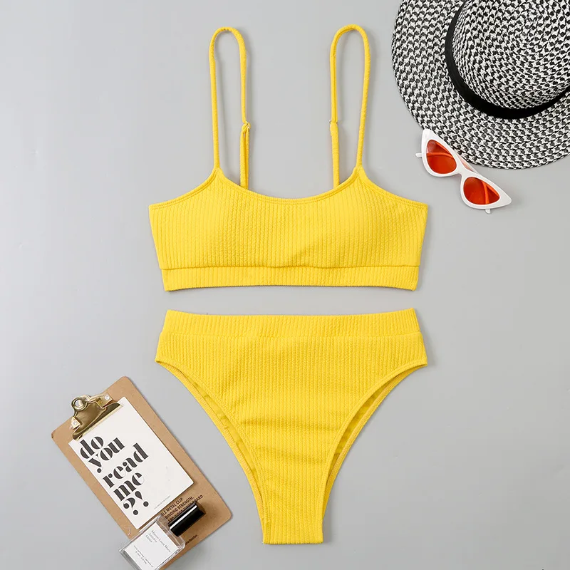 

Sexy Solid Yellow Bikini 2025 Mujer High Cut Pleate Women's Swimsuit Separate Beach Bathing Suit High Waist Swimwear Biquini New