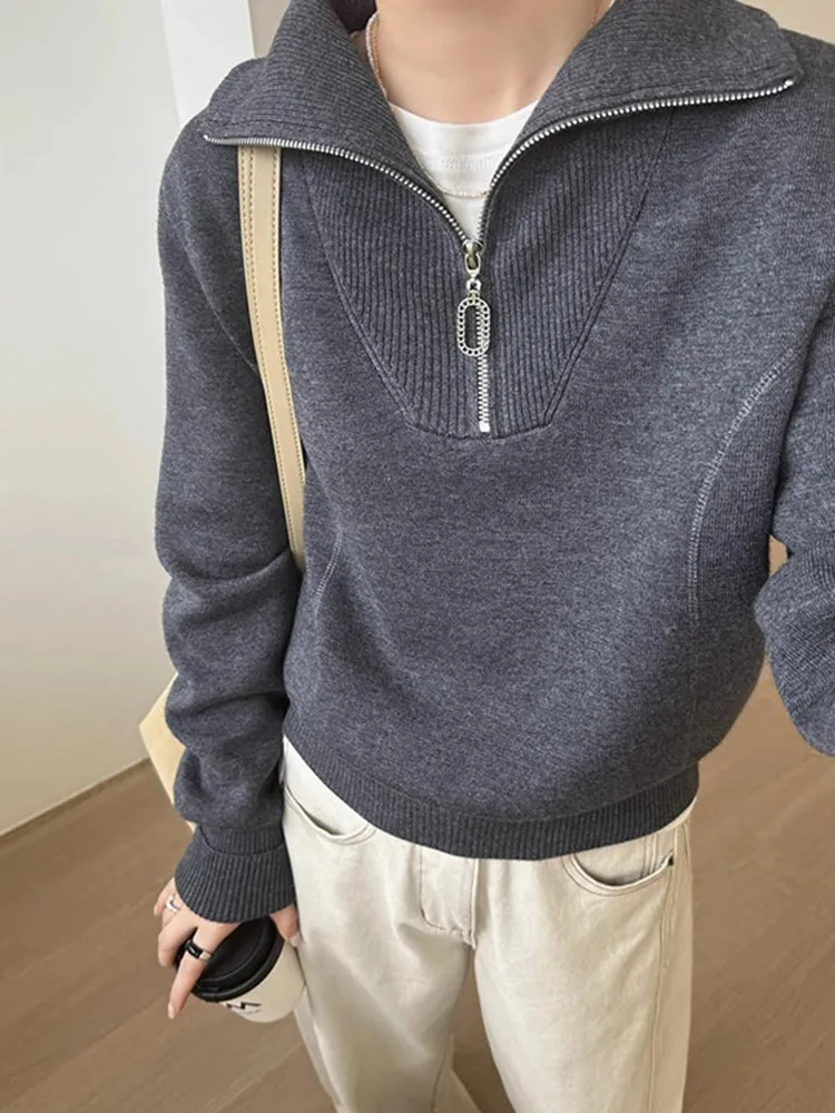 

Korean Sle Comfortable Thiened Long Sve Overhead Knitted Sweater Pure Color Faionable Turn-down Collar Design Sensation