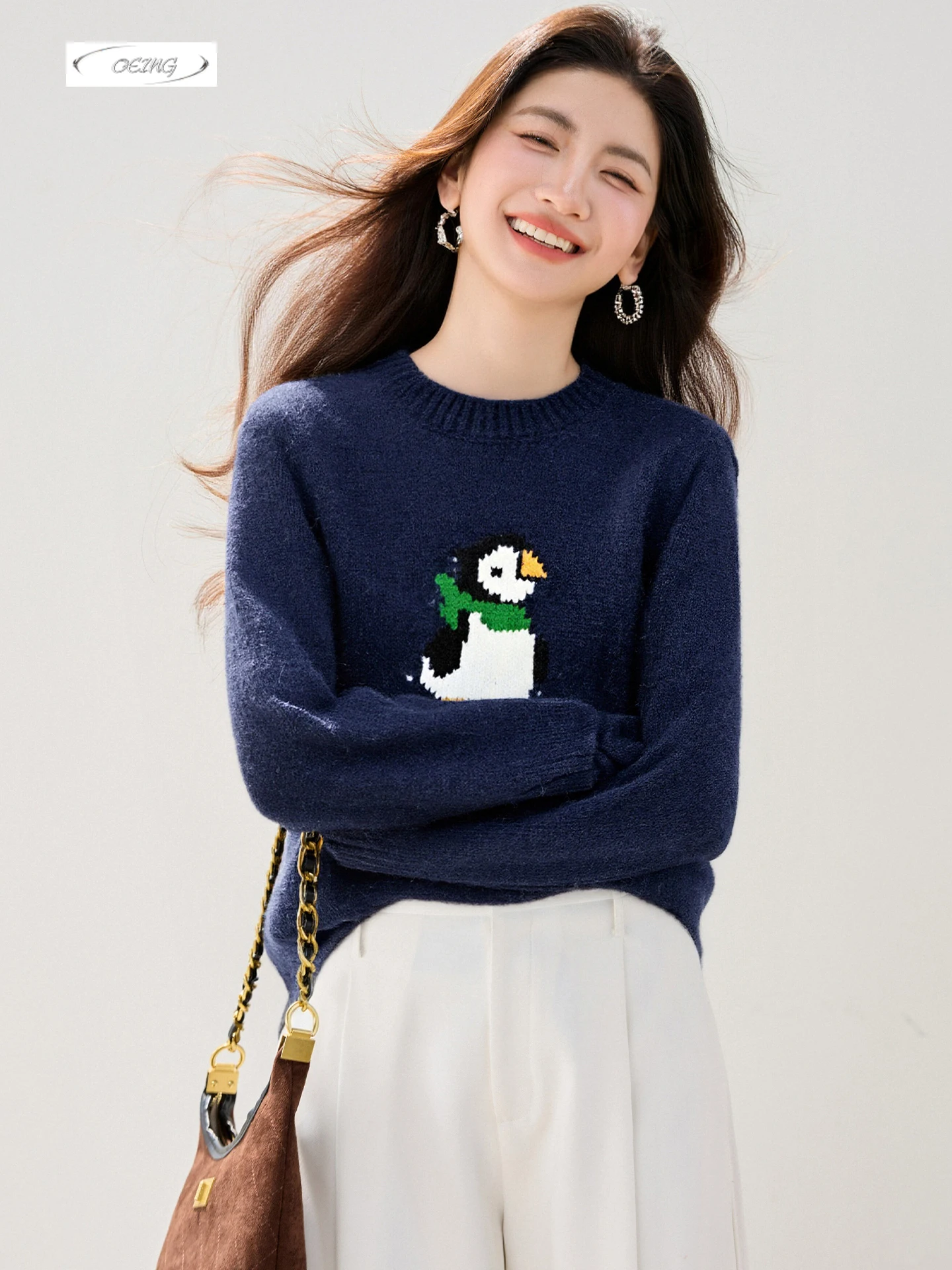 

Korean Cartoon Penguin Navy Blue Sweater for Women Autumn Winter Thick Elegant Fashion Long Sleeve Knitted Pullover Tops 9761