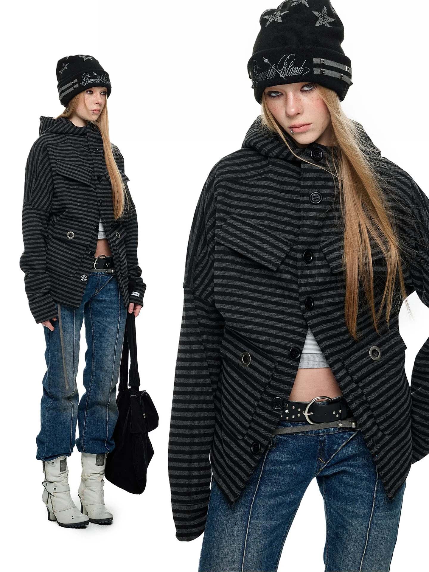 JIKOO Vintage Brushed Stripe Thin Fleece Early Spring Short Jacket Women's Workwear Hooded Casual Loose Fit Polyester Cotton ...