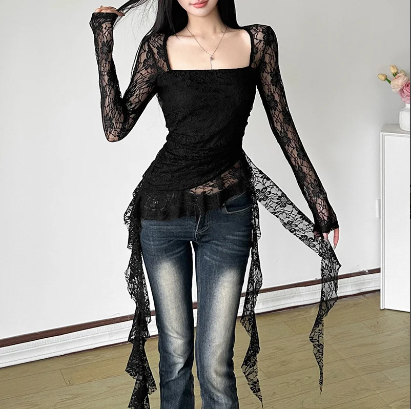 

Women's Top Summer 2025 Lace Patchwork Square Neck Ruffle Edge Ribbon Irregular Suspender T-Shirt Slim Fit Top