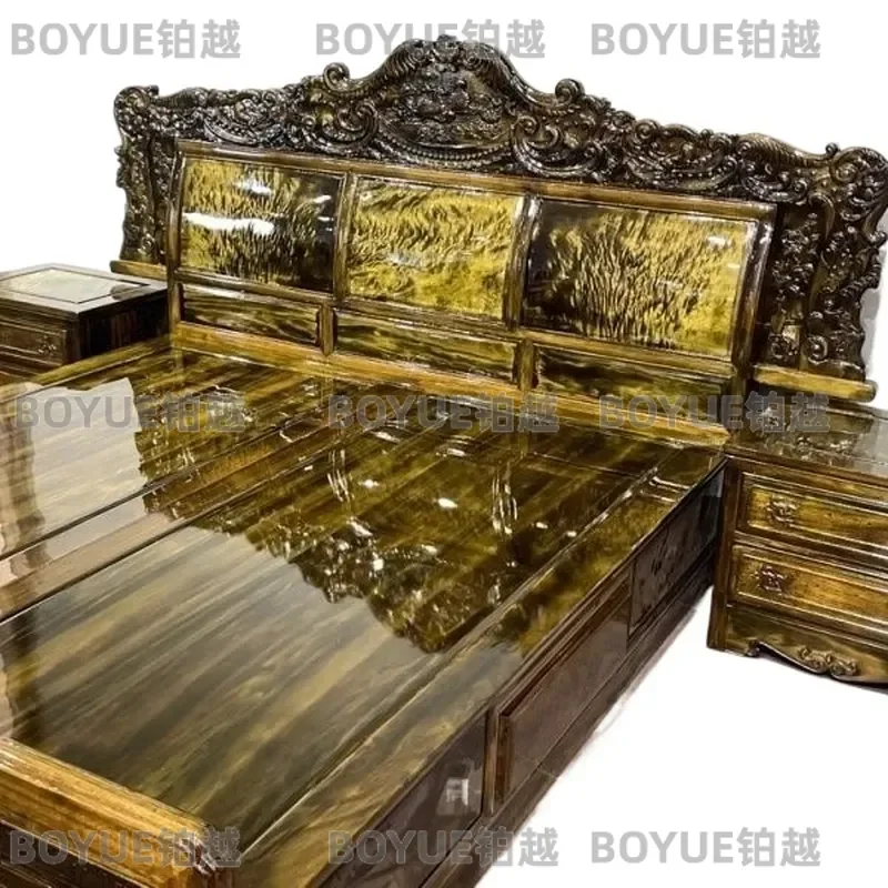 Golden Nanmu Solid Wood Bed Classical Chinese Ming Qing Style Double Bedroom Furniture Traditional Wedding Mahogany Platform